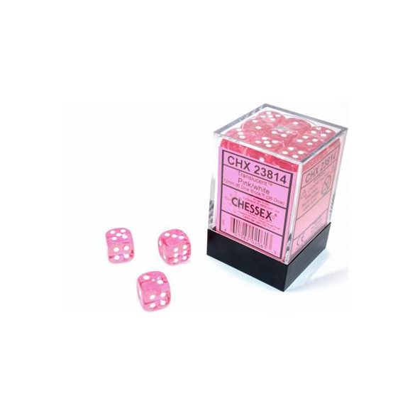 Chessex Translucent Pink/white 12mm d6 Dice Block (36 dice)-23814