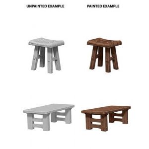 WizKids Deep Cuts Unpainted Miniatures - Wooden Table & Stools-WZK72593