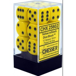 Chessex Opaque 16mm d6 with pips Dice Blocks (12 Dice) - Yellow w/black-25602