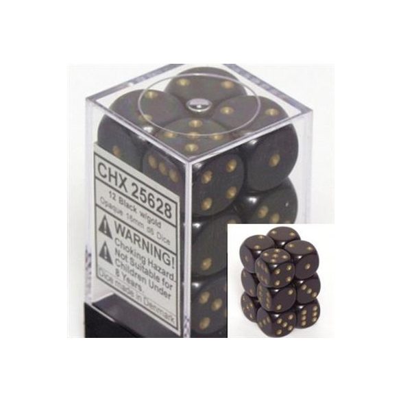 Chessex Opaque 16mm d6 with pips Dice Blocks (12 Dice) - Black w/gold-25628