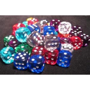 Chessex Translucent Bags of 50 Dice - Bag of 50 Asst. Loose Trans. 16mm d6 w/pips Dice-29126