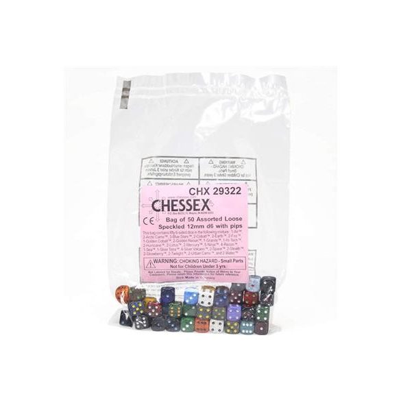 Chessex Speckled Bags of 50 Asst. Dice - Loose Speck. 12mm d6 w/pips Dice-29322