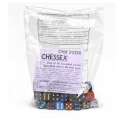 Chessex Speckled Bags of 50 Asst. Dice - Loose Speck. 16mm d6 w/pips Dice-29326