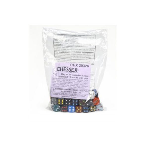 Chessex Speckled Bags of 50 Asst. Dice - Loose Speck. 16mm d6 w/pips Dice-29326