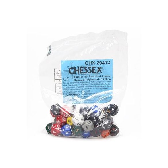 Chessex Opaque Bags of 50 Asst. Dice - Loose Opaque Polyhedral d12 Dice-29412