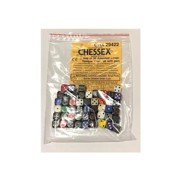 Chessex Opaque Bags of 50 Asst. Dice - Loose Opaque 12mm d6 w/pips Dice-29422