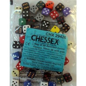 Chessex Opaque Bags of 50 Asst. Dice - Loose Opaque 16mm d6 w/pips Dice-29426