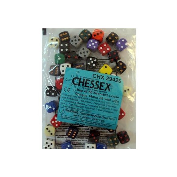 Chessex Opaque Bags of 50 Asst. Dice - Loose Opaque 16mm d6 w/pips Dice-29426