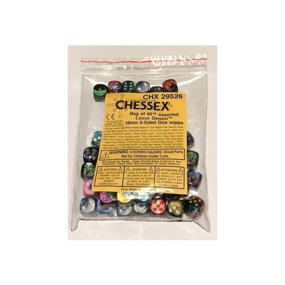 Chessex Gemini Bags of 50 Asst. Dice - Loose Gemini 16mm d6 w/pips Dice-29526