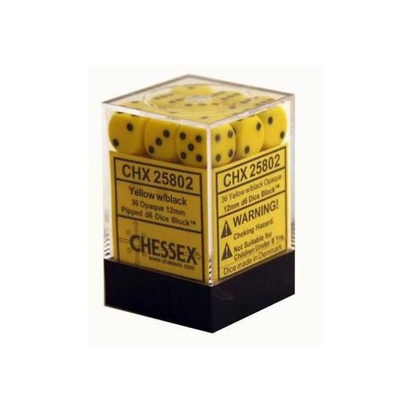 Chessex Opaque 12mm d6 with pips Dice Blocks (36 Dice) - Yellow w/black-25802