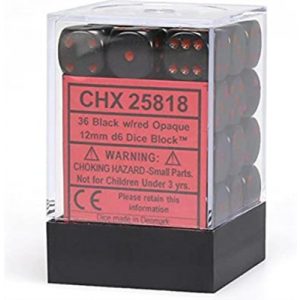 Chessex Opaque 12mm d6 with pips Dice Blocks (36 Dice) - Black w/red-25818