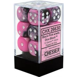 Chessex Gemini 16mm d6 with pips Dice Blocks (12 Dice) - Black-Pink w/white-26630