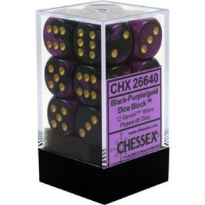 Chessex Gemini 16mm d6 with pips Dice Blocks (12 Dice) - Black-Purple w/gold-26640