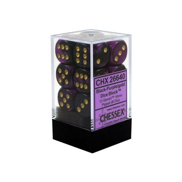 Chessex Gemini 16mm d6 with pips Dice Blocks (12 Dice) - Black-Purple w/gold-26640
