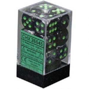 Chessex Gemini 16mm d6 with pips Dice Blocks (12 Dice) - Black-Grey w/green-26645