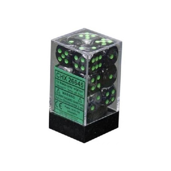Chessex Gemini 16mm d6 with pips Dice Blocks (12 Dice) - Black-Grey w/green-26645