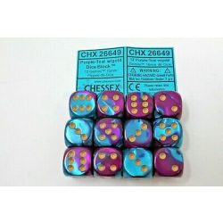 Chessex Gemini 16mm d6 with pips Dice Blocks (12 Dice) - Purple-Teal w/gold-26649