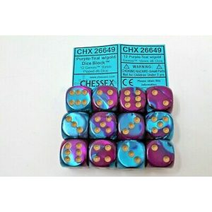 Chessex Gemini 16mm d6 with pips Dice Blocks (12 Dice) - Purple-Teal w/gold-26649