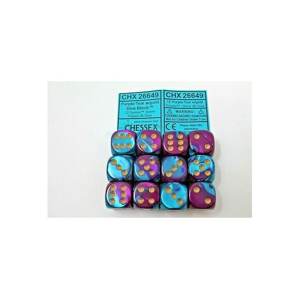 Chessex Gemini 16mm d6 with pips Dice Blocks (12 Dice) - Purple-Teal w/gold-26649