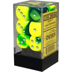 Chessex Gemini 16mm d6 with pips Dice Blocks (12 Dice) - Green-Yellow w/silver-26654