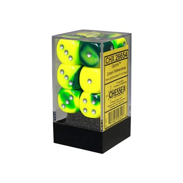 Chessex Gemini 16mm d6 with pips Dice Blocks (12 Dice) - Green-Yellow w/silver-26654