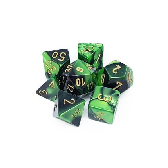 Chessex Gemini Polyhedral 7-Die Set - Black-Green w/gold-26439