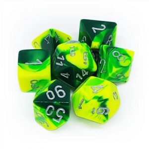 Chessex Gemini Polyhedral 7-Die Set - Green-Yellow w/silver-26454