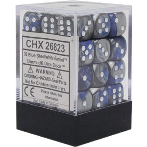Chessex Gemini 12mm d6 Dice Blocks with pips Dice Blocks (36 Dice) - Blue-Steel w/white-26823
