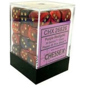 Chessex Gemini 12mm d6 Dice Blocks with pips Dice Blocks (36 Dice) - Purple-Red w/gold-26826