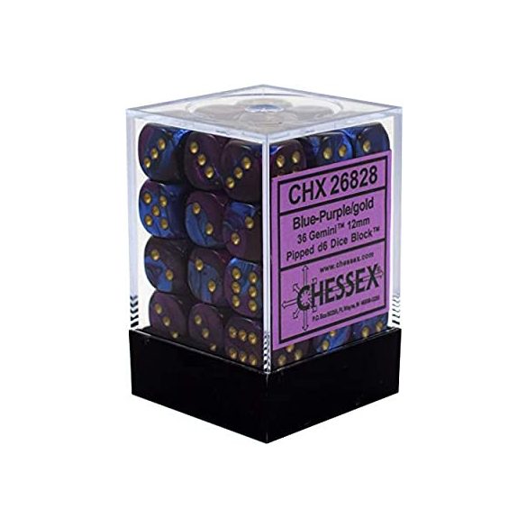 Chessex Gemini 12mm d6 Dice Blocks with pips Dice Blocks (36 Dice) - Blue-Purple w/gold-26828