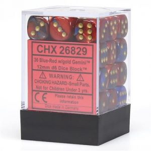 Chessex Gemini 12mm d6 Dice Blocks with pips Dice Blocks (36 Dice) - Blue-Red w/gold-26829