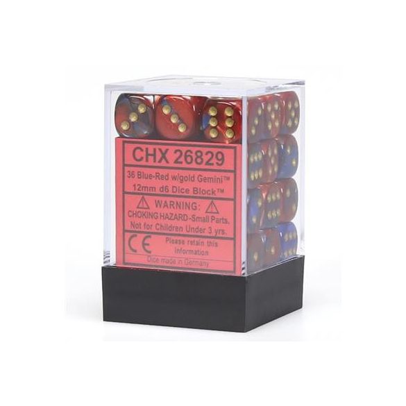 Chessex Gemini 12mm d6 Dice Blocks with pips Dice Blocks (36 Dice) - Blue-Red w/gold-26829