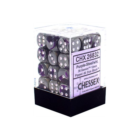 Chessex Gemini 12mm d6 Dice Blocks with pips Dice Blocks (36 Dice) - Purple-Steel w/white-26832