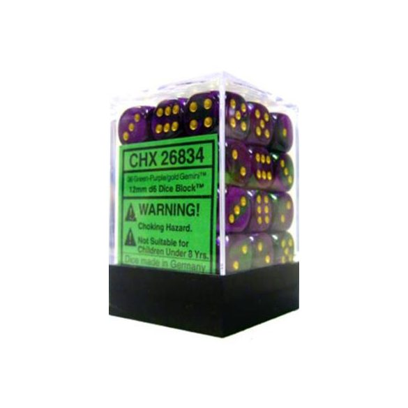 Chessex Gemini 12mm d6 Dice Blocks with pips Dice Blocks (36 Dice) - Green-Purple w/gold-26834