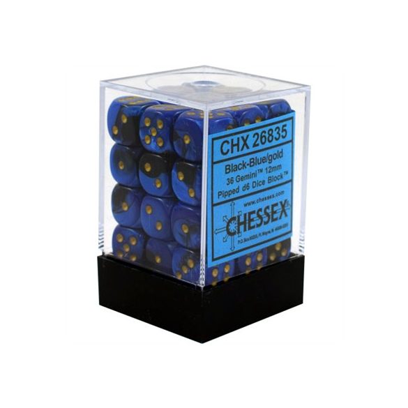 Chessex Gemini 12mm d6 Dice Blocks with pips Dice Blocks (36 Dice) - Black-Blue w/gold-26835