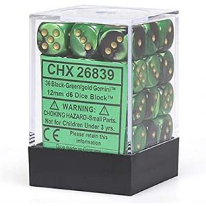 Chessex Gemini 12mm d6 Dice Blocks with pips Dice Blocks (36 Dice) - Black-Green w/gold-26839