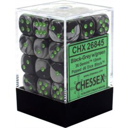 Chessex Gemini 12mm d6 Dice Blocks with pips Dice Blocks (36 Dice) - Black-Grey w/green-26845