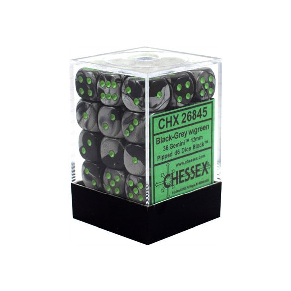 Chessex Gemini 12mm d6 Dice Blocks with pips Dice Blocks (36 Dice) - Black-Grey w/green-26845