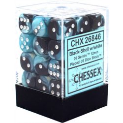 Chessex Gemini 12mm d6 Dice Blocks with pips Dice Blocks (36 Dice) - Black-Shell w/white-26846