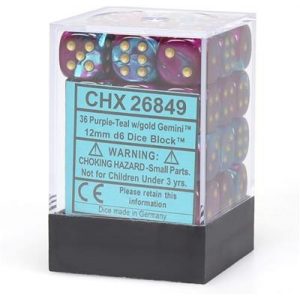 Chessex Gemini 12mm d6 Dice Blocks with pips Dice Blocks (36 Dice) - Purple-Teal w/gold-26849