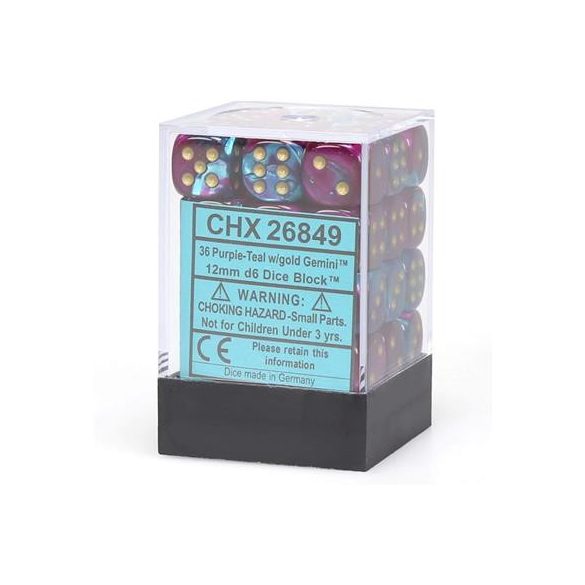 Chessex Gemini 12mm d6 Dice Blocks with pips Dice Blocks (36 Dice) - Purple-Teal w/gold-26849