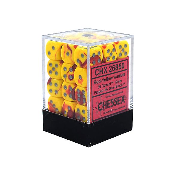 Chessex Gemini 12mm d6 Dice Blocks with pips Dice Blocks (36 Dice) - Red-Yellow w/silver-26850