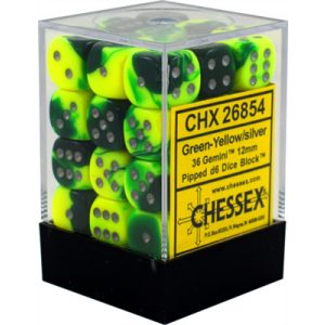 Chessex Gemini 12mm d6 Dice Blocks with pips Dice Blocks (36 Dice) - Green-Yellow w/silver-26854