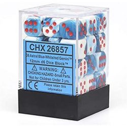 Chessex Gemini 12mm d6 Dice Blocks with pips Dice Blocks (36 Dice) - Astral Blue-White w/red-26857