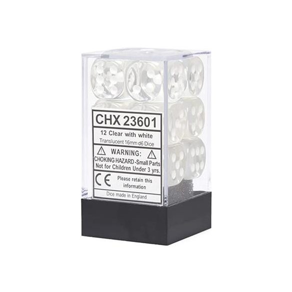 Chessex Translucent 16mm d6 with pips Dice Blocks (12 Dice) - Clear w/white-23601