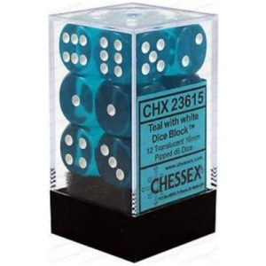 Chessex Translucent 16mm d6 with pips Dice Blocks (12 Dice) - Teal w/white-23615