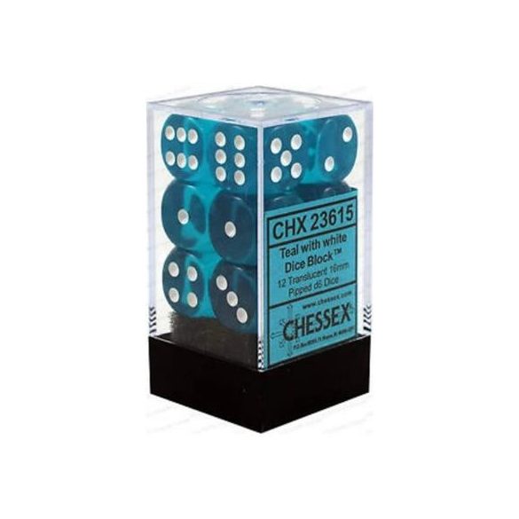 Chessex Translucent 16mm d6 with pips Dice Blocks (12 Dice) - Teal w/white-23615
