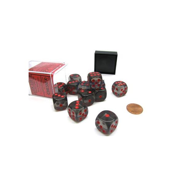 Chessex Translucent 16mm d6 with pips Dice Blocks (12 Dice) - Smoke w/red-23618