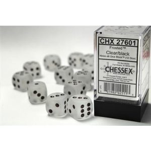 Chessex 16mm d6 with pips Dice Blocks (12 Dice) - Frosted Clear w/black-27601