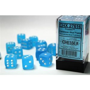 Chessex 16mm d6 with pips Dice Blocks (12 Dice) - Frosted Caribbean Blue w/white-27616